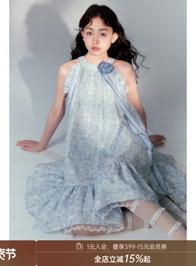 【清仓特惠】DIDDI朦胧刺绣气质挂脖沙滩裙蓝色削肩花朵连衣裙