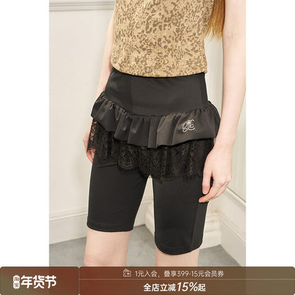 DIDDI MODA芭蕾风烫钻蕾丝花边短裤女拼接休闲弹力瑜伽短裤