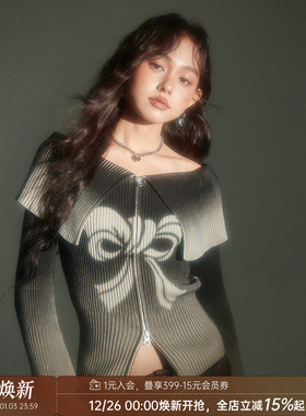 DIDDI MODA 原创设计甜酷蝴蝶结针织渐变印染拉链毛衣开衫漏肩