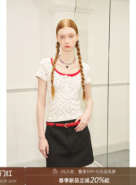 【清仓特惠】DIDDI MODA波点大领口假两件拼色修身短袖女上衣