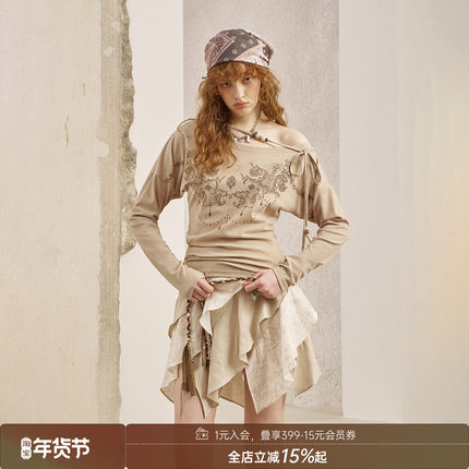 DIDDIMODA 波西米亚复古图腾印花斜肩串珠长袖修身薄款套头针织衫