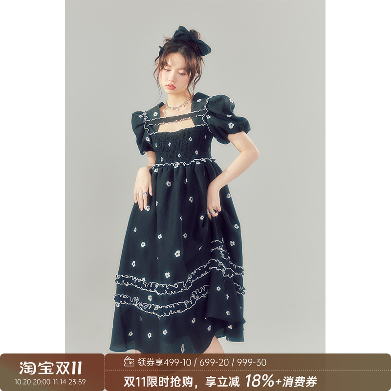 原创设计黑白小花中长款