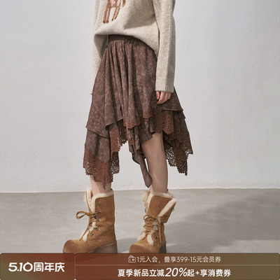 DIDDIMODA 蕾丝拼接不规则半身裙层次感印花半裙冬季新款