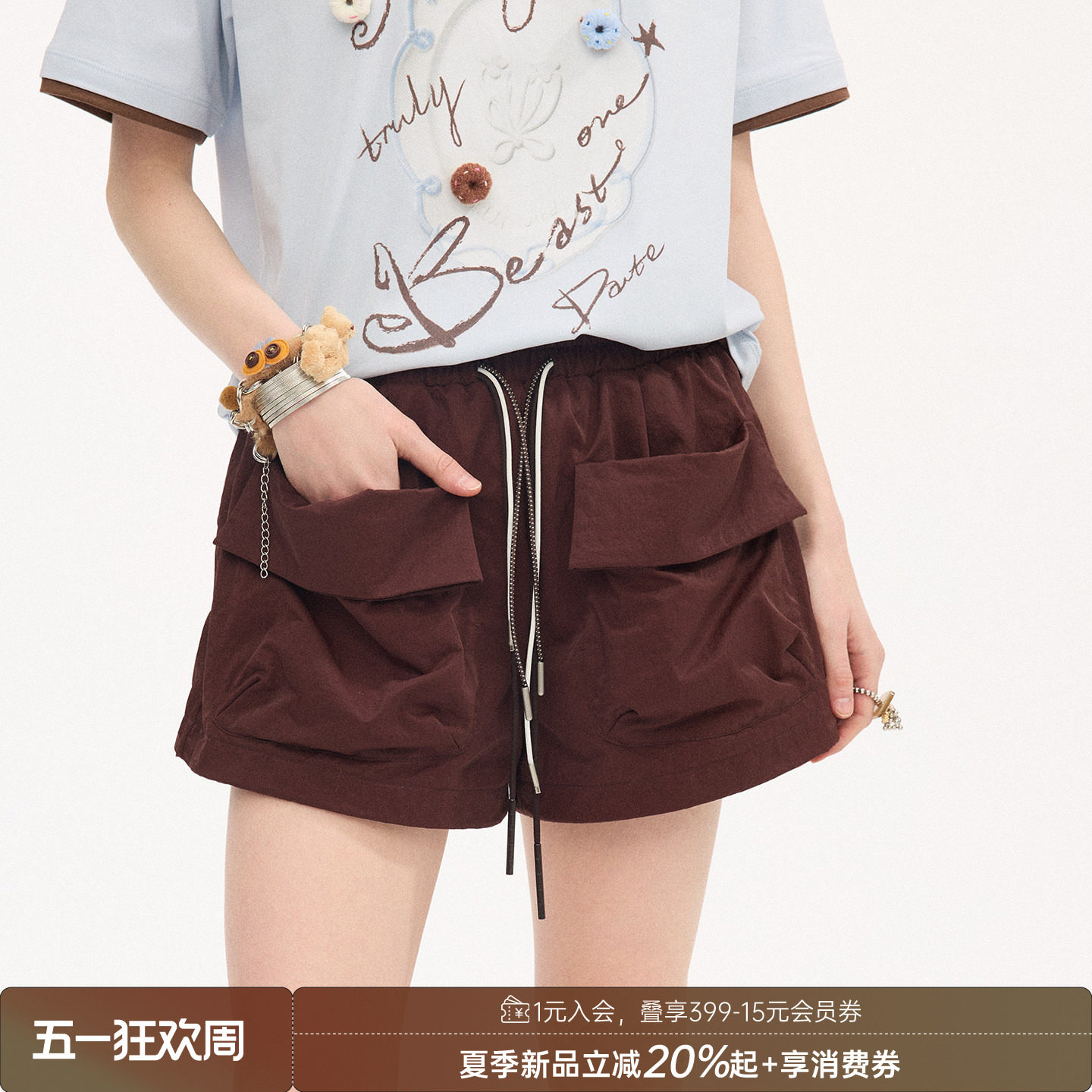 DIDDI MODA翻边大口袋工装裤宽松休闲运动短裤女2026年夏季新款