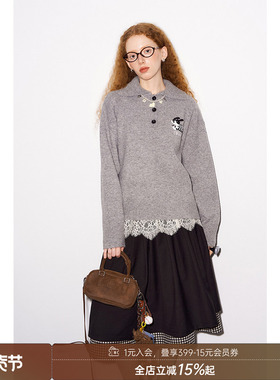DIDDIMODA小狗毛巾刺绣学院风落肩宽松灰色Polo领毛衣内搭女冬季