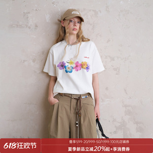 DIDDIMODA绽放花朵印花少女感别致绝美t恤夏季女士短袖t恤上衣