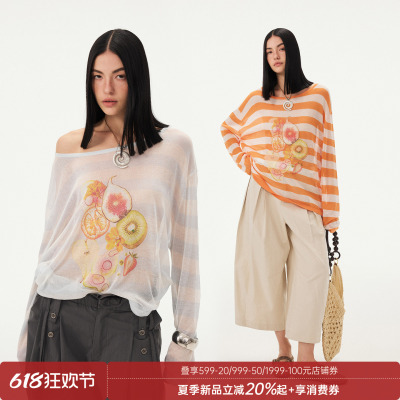 DIDDIMODA水果印花宽松圆领条纹落肩长袖斜肩罩衫女夏2026新款
