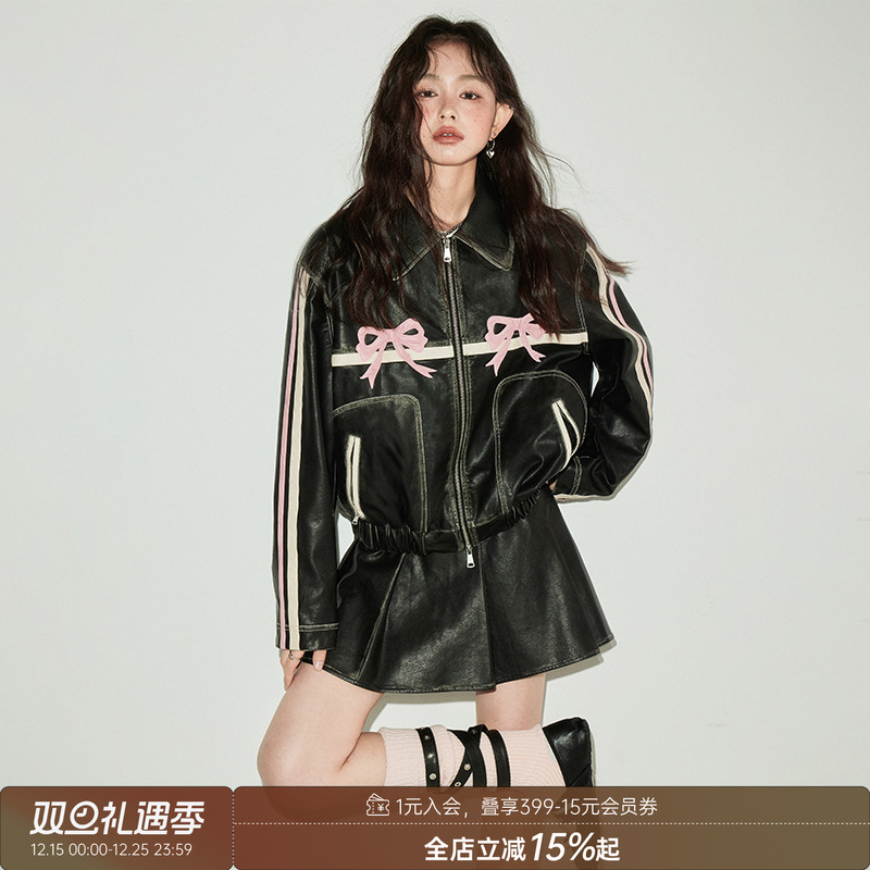 DIDDIMODA甜酷蝴蝶结擦色皮衣