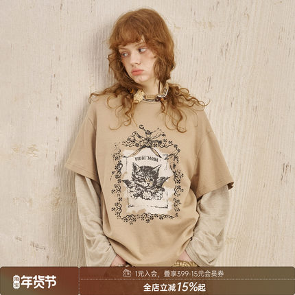 DIDDIMODA 天使小猫印花宽松假两件长袖T恤上衣2025早秋新款