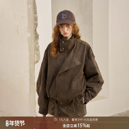 DIDDIMODA 皮领拼接洗水牛仔宽松复古夹克外套女25年秋辛苦