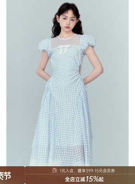 【清仓特惠】DIDDI蓝色格子高腰抽褶镂空连衣裙显瘦a字T恤长裙