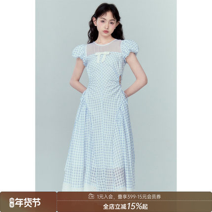 【清仓特惠】DIDDI蓝色格子高腰抽褶镂空连衣裙显瘦a字T恤长裙