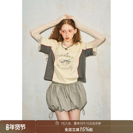 DIDDI MODA运动少女蝴蝶结樱桃印花短袖T恤V领时尚拼接透气球服