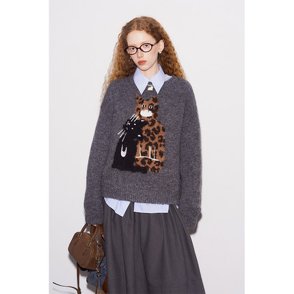 DIDDIMODA小黑与豹纹小猫刺绣圆领套头落肩宽松冬季圆领毛衣