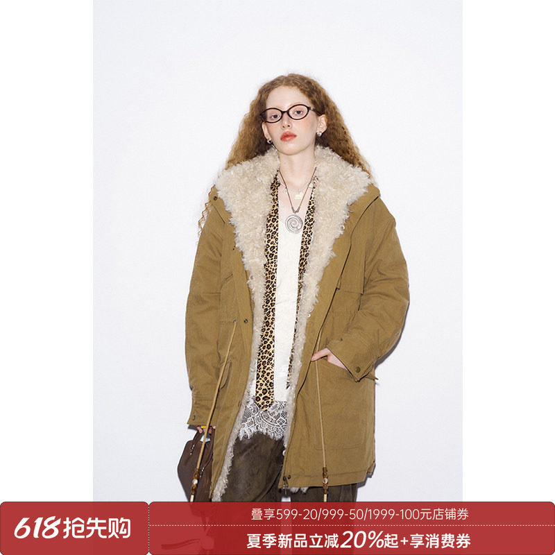 DIDDIMODA 宽松休闲百搭简约舒适长款毛领派克服棉服女款冬季