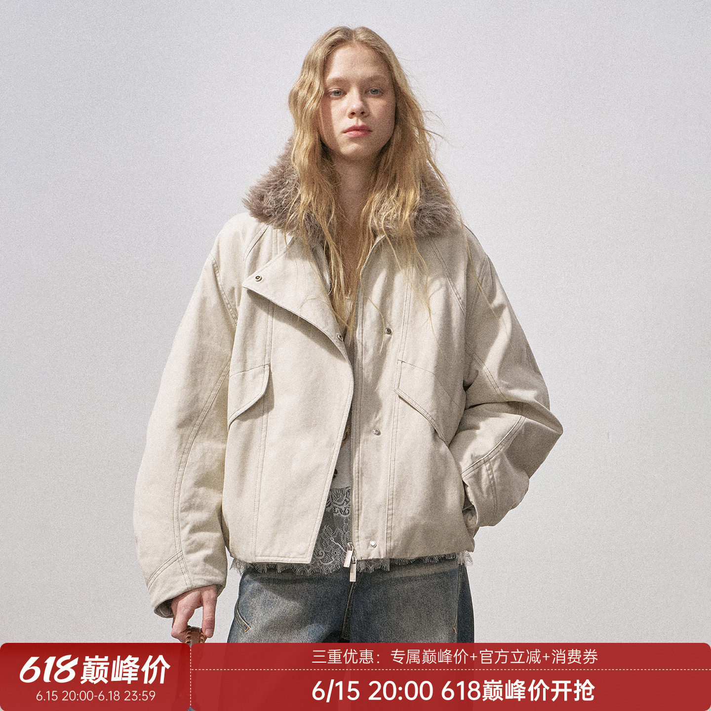 DIDDIMODA 弧形袖水洗毛领棉服毛毛夹棉夹克外套女短款冬季新款