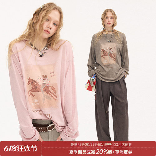 DIDDIMODA“策马奔腾”马图案印花套头宽松长袖t恤女士2026年夏季