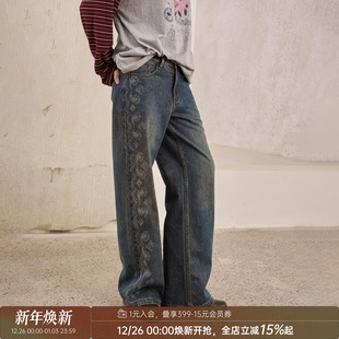 新款 DIDDIMODA 2025秋季 牛仔裤 腰果花烧花做旧复古宽松直筒长裤