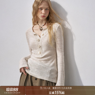 DIDDI MODA宽门襟亨利领亮片针织打底衫新款宽松女士秋冬加厚毛衣