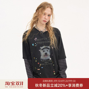 DIDDI MODA卡通贴画彩色烫钻拼接长袖宽松型圆领全棉t恤女士新款