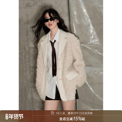 【清仓特惠】DIDDIMODA米色羊羔毛外套冬季高级感毛毛西装上衣