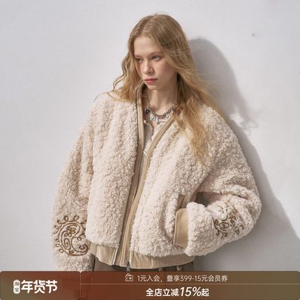 DIDDI MODA羊羔毛腰果刺绣女装冬装新款上新派克加绒加厚棉服外套