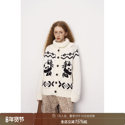 DIDDIMODA趣味少女感熊猫撞色复古针织外套开衫女中长款秋季外搭