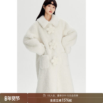 【清仓特惠】DIDDI 秋冬纯色宽松毛呢外套中长款立体花朵毛毛大衣
