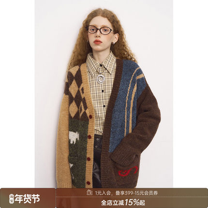 【清仓特惠】DIDDI MODA 复古撞色几何图形V领宽松女款针织开衫