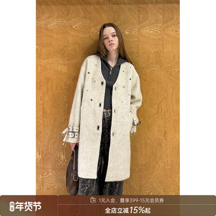 DIDDI MODA原创设计铆钉绵羊毛毛呢大衣外套女中长款2025冬季新款