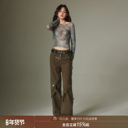 【清仓特惠】DIDDI MODA双腰带美式工装裤宽松直筒阔腿长裤春款