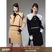 原创设计 经典 撞色花边翻领针织套装 DIDDI 女针织上衣 半裙两件套
