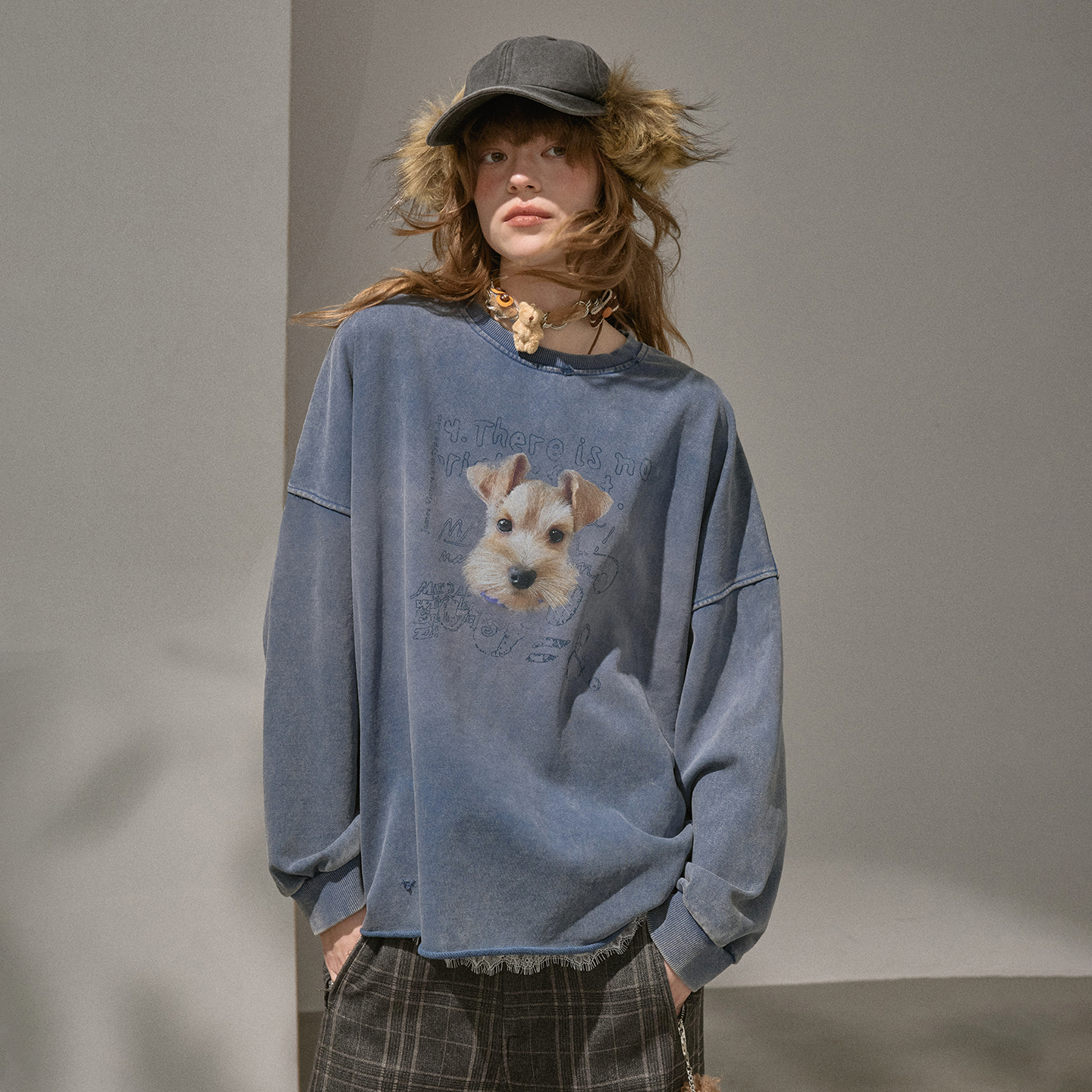 DIDDIMODA 斑驳文字小狗洗水套头宽松长袖慵懒复古风卫衣