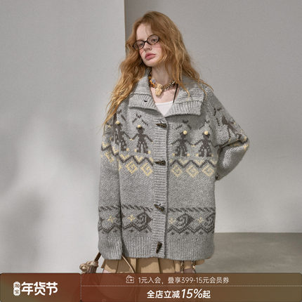 DIDDIMODA 顶毛球跳舞小人节日菲尔岛毛衣仿牛角扣针织开衫外套