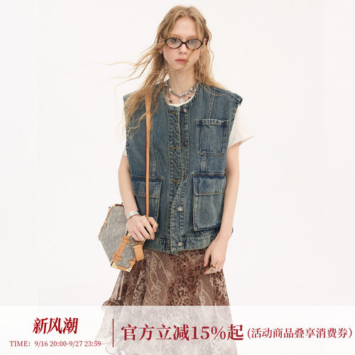 DIDDI MODA宽松大口袋百搭款纯棉多口袋牛仔马甲外套外穿无袖