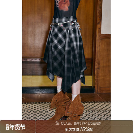 DIDDIMODA设计感格纹不规则半裙女2025秋季新品显腿长收腰半身裙