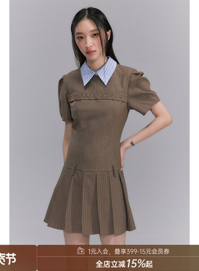 【清仓特惠】DIDDI美式学院风撞色短袖连衣裙低腰压褶a字灰色短裙