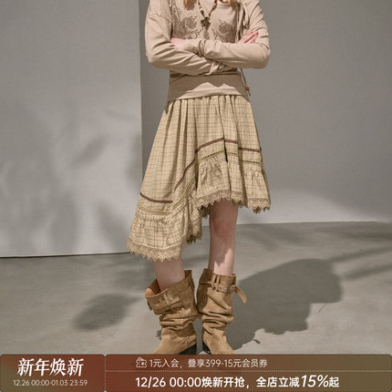 DIDDIMODA 原创设计 不规则波浪拼接超好看格子半身裙中长款半裙