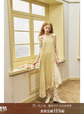 DIDDI MODA 度假风黄色无袖连衣裙V领宽松不规则设计感连衣裙