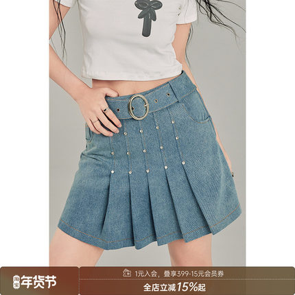 【清仓特惠】DIDDI甜酷Girl-牛仔百褶裙小众时尚a字裙高腰半身裙