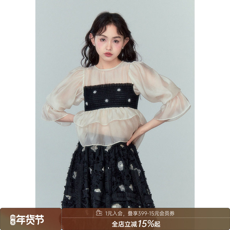 【清仓特惠】DIDDI打缆短款泡泡袖上衣网纱微透假两件长袖T恤,女装/女士精品,T恤,淘宝优惠券,粉丝福利购,淘宝优惠卷