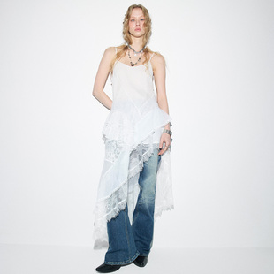 DIDDI MODA蕾丝不规则拼接海岛风海边ootd穿搭可内搭白色女连衣裙