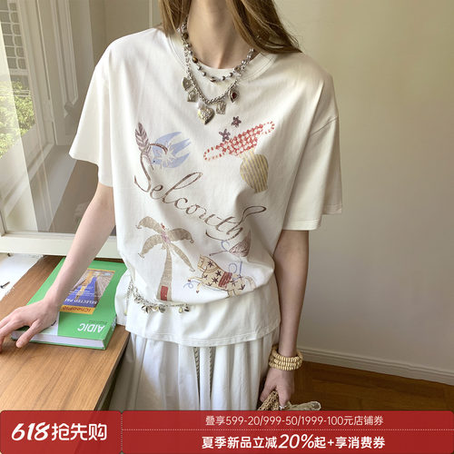 DIDDI MODA 宽松舒适印花透气百搭慵懒波嬉风印花短袖t恤女夏