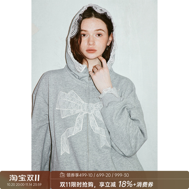 DIDDI MODA可爱蕾丝蝴蝶结灰色连帽卫衣宽松休闲长袖上衣2025