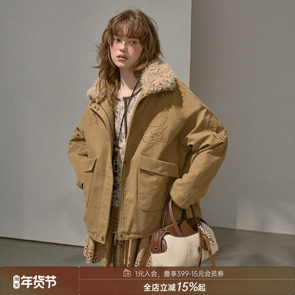 DIDDIMODA 抽绳可拆卸毛毛领宽松长袖卡通刺绣夹克外套女新款