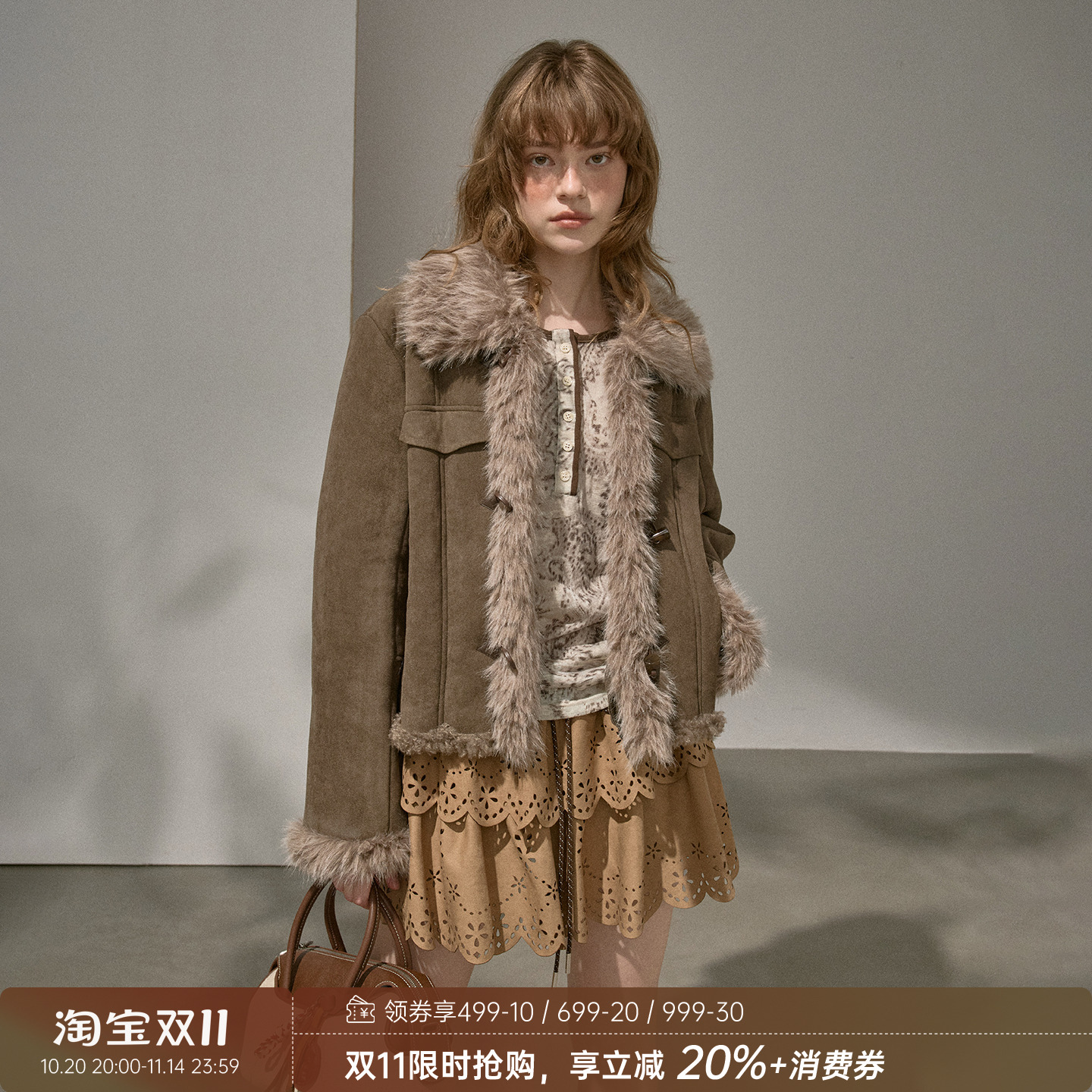 DIDDIMODA 毛毛外套百搭翻领麂皮绒加绒毛领外套环保皮草2025新款