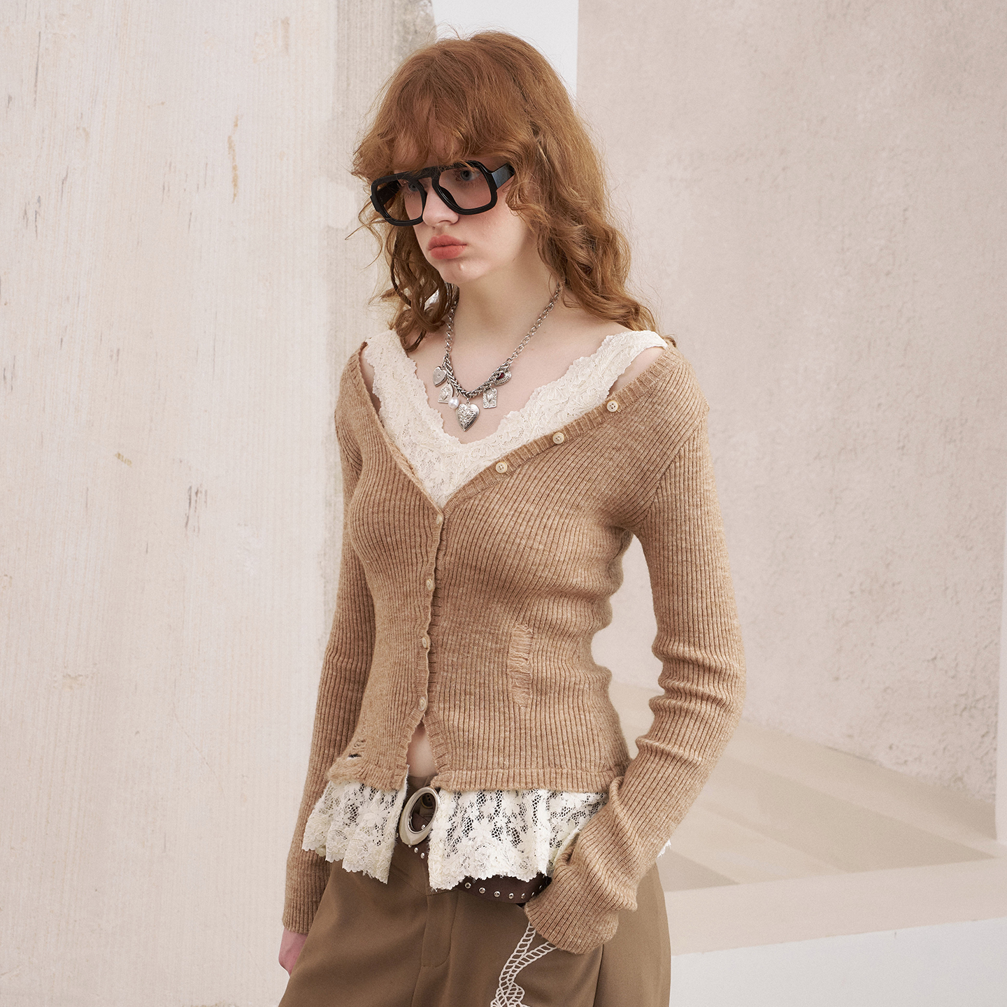 DIDDIMODA 假两件蕾丝拼接修身V领露肩针织开衫外套25年秋季新款