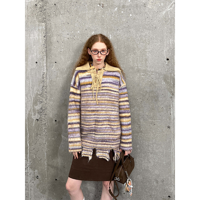 DIDDIMODA翻领条纹破碎毛衣