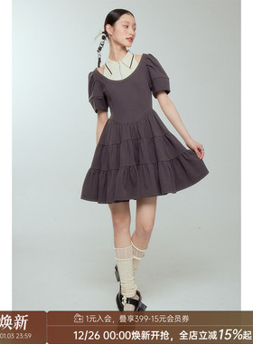 DIDDI 原创设计 背心假两件撞色连衣裙文艺复古灰色拼接蓬蓬裙春