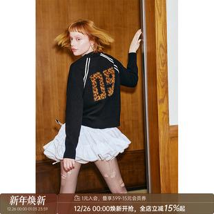 DIDDIMODA豹纹蝴蝶结圆领套头针织毛衣上衣女设计感 清仓特惠